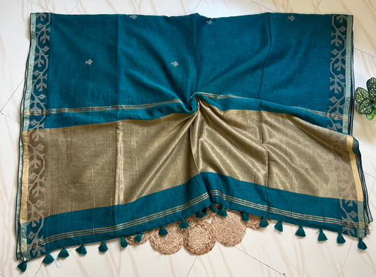 Peacock blue jamdani saree zari pallu with stripes and tassels