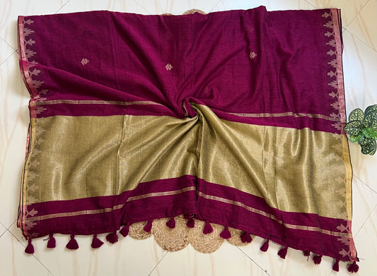 Berry wine jamdani saree zari pallu with stripes and tassels
