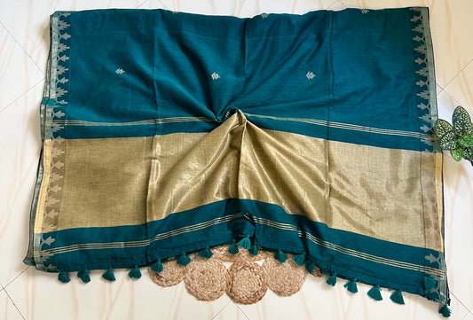Deep teal jamdani saree zari pallu with stripes and tassels
