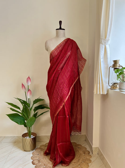 Full saree photo: Red pure linen silk saree with gold zari stripes