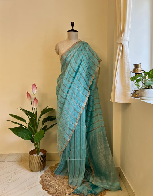 Sky blue pure linen silk saree with zari stripes