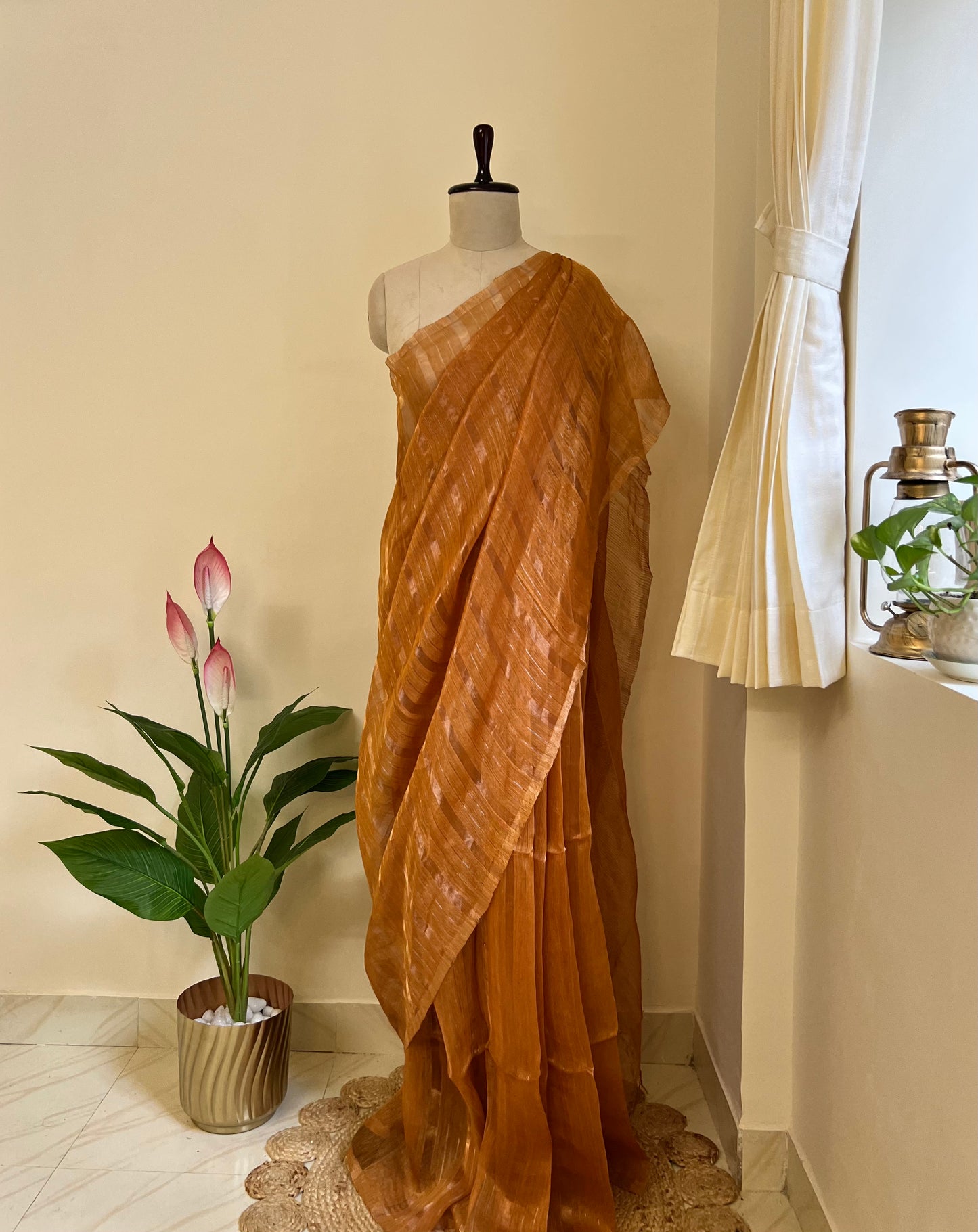 Mustard pure linen silk saree with zari stripes