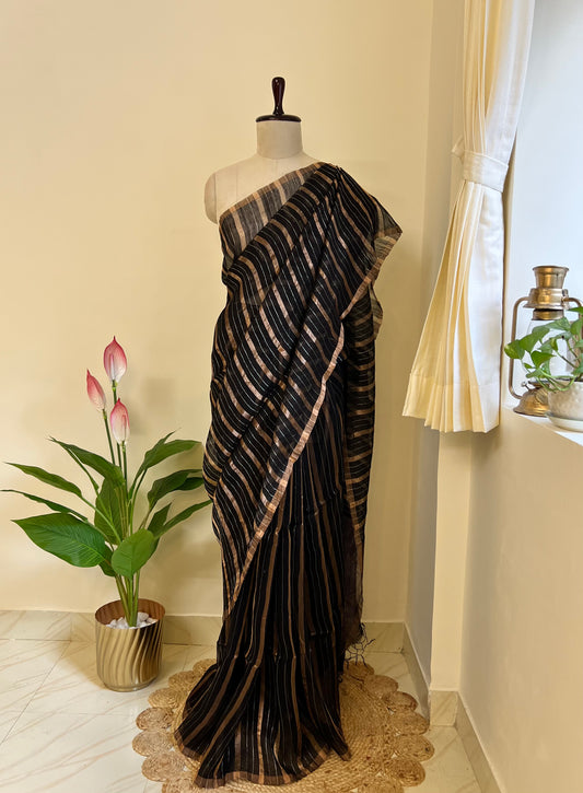 Black pure linen silk saree with zari stripes