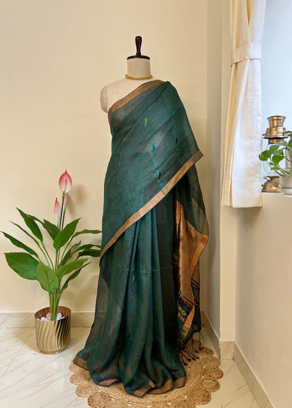 Olive green handloom linen silk saree with Paithani-style pallu