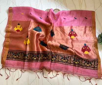 Baby pink handloom saree pallu with Paithani-style peacock motifs