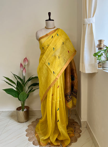 Yellow handloom linen silk saree with Paithani-style pallu