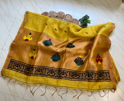 Yellow handloom saree pallu with Paithani-style peacock motifs