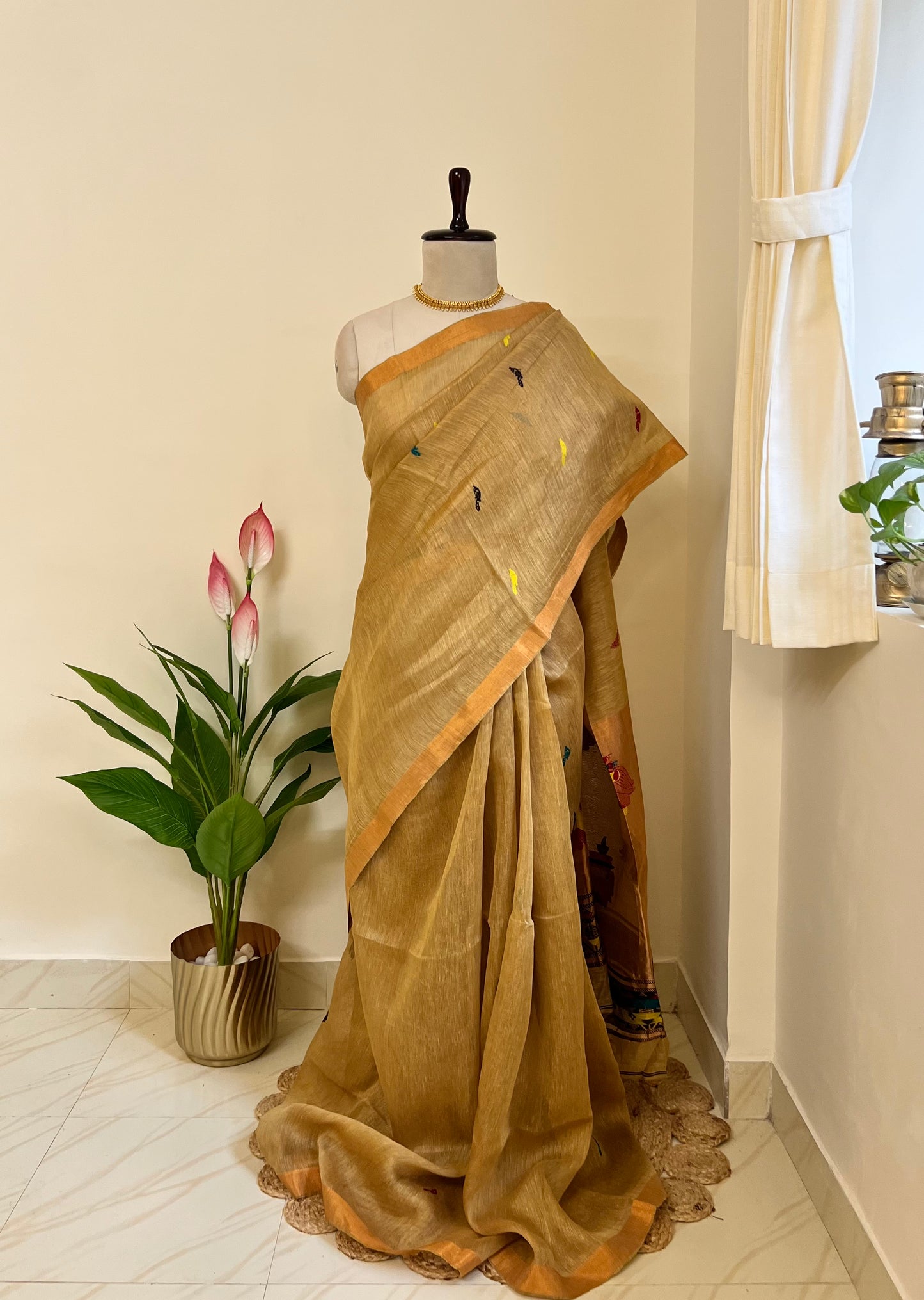 Golden tan handloom linen silk saree with Paithani-style pallu