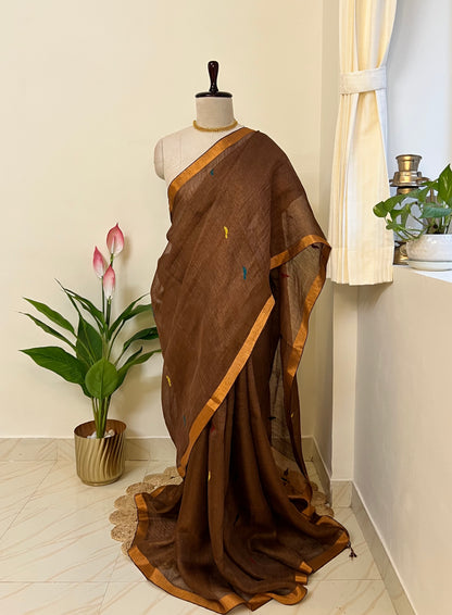 Mocha brown handloom linen silk saree with Paithani-style pallu