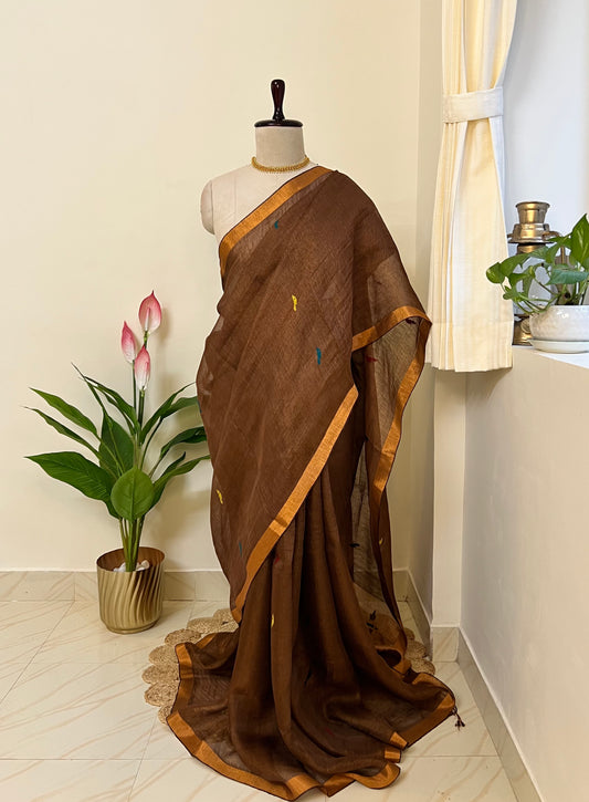 Mocha brown handloom linen silk saree with Paithani-style pallu