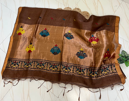 Mocha brown handloom saree pallu with Paithani-style peacock motifs
