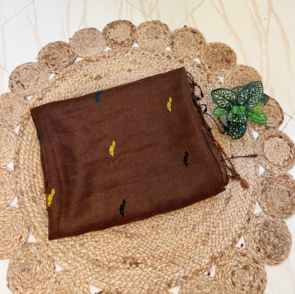 Close-up of bird motifs on mocha brown handloom linen silk saree