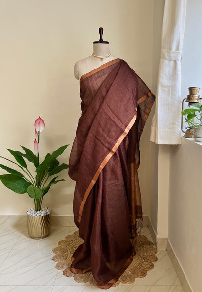 Brown pure linen silk saree with zari pallu