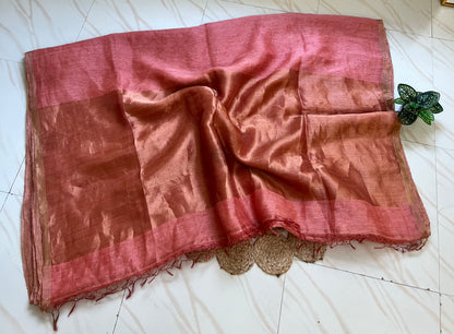 Pink linen silk saree pallu with tassels and zari work