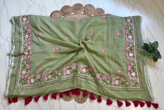 Close-up of pink hand-embroidered floral pallu border on pista green mul cotton saree
