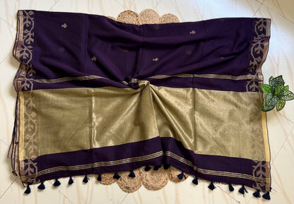 Royal purple jamdani sari zari pallu with stripes and tassels