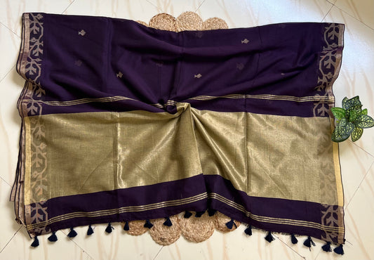 Royal purple jamdani sari zari pallu with stripes and tassels