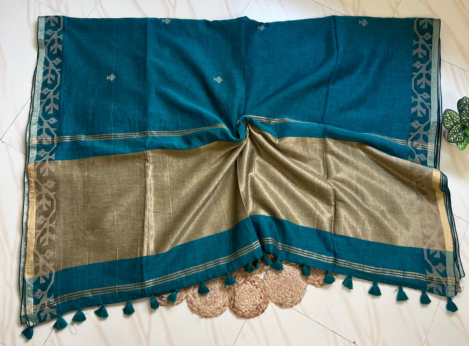Peacock blue jamdani saree zari pallu with stripes and tassels