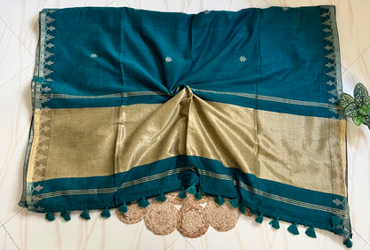 Deep teal jamdani saree zari pallu with stripes and tassels
